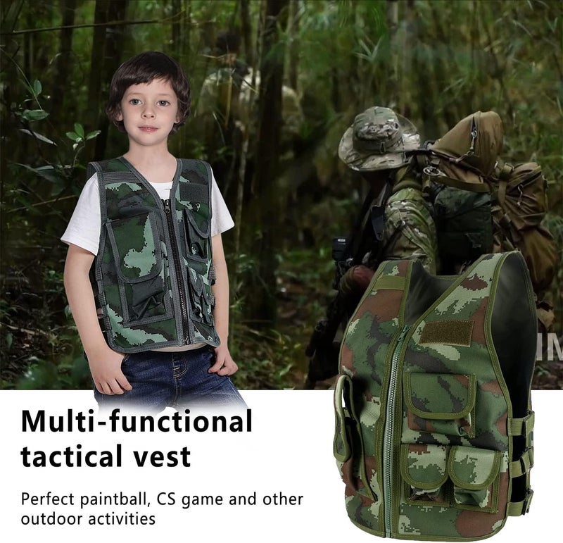 Green Bean Kids Outdoor Tactical Vest, Children's Combat Vest Adjustable Breathable Vest with Kids Half Finger Short Gloves - Image 4